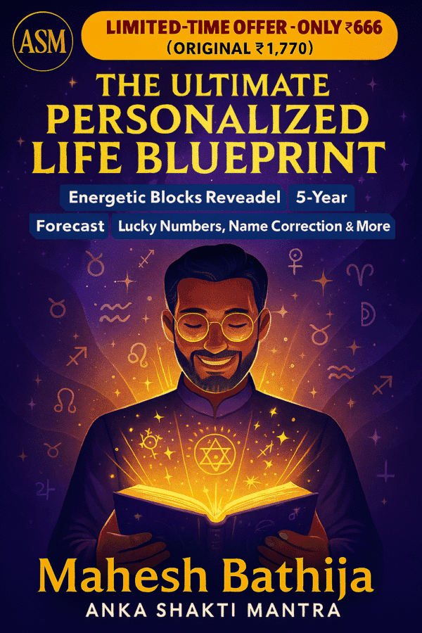 Smiling man reading a glowing personal life blueprint report with cosmic background and offer price ₹666.