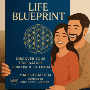 Artistic illustration of a happy couple receiving their personalized Life Blueprint report by Mahesh Batthija, Founder of Anka Shakti Mantra, with ASM logo, in soft gold, white, and pastel blue theme.