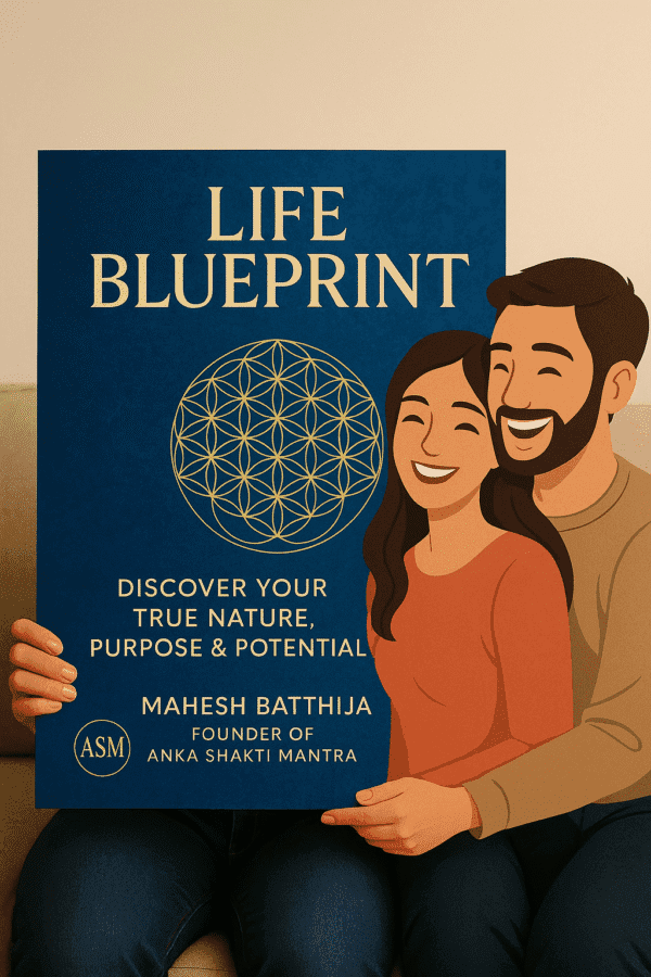 Artistic illustration of a happy couple receiving their personalized Life Blueprint report by Mahesh Batthija, Founder of Anka Shakti Mantra, with ASM logo, in soft gold, white, and pastel blue theme.