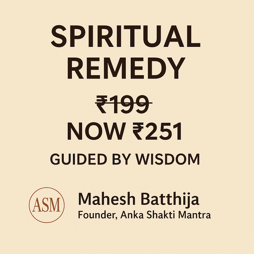 Promotional image for spiritual remedy service by Mahesh Batthija showing price revision from ₹199 to ₹251 with ASM logo