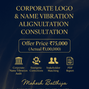 Corporate Logo & Name Vibration Alignment Consultation graphic featuring ASM logo, gold text, energy-based diagnostics, offer by Anka Shakti Mantra and Mahesh Batthija