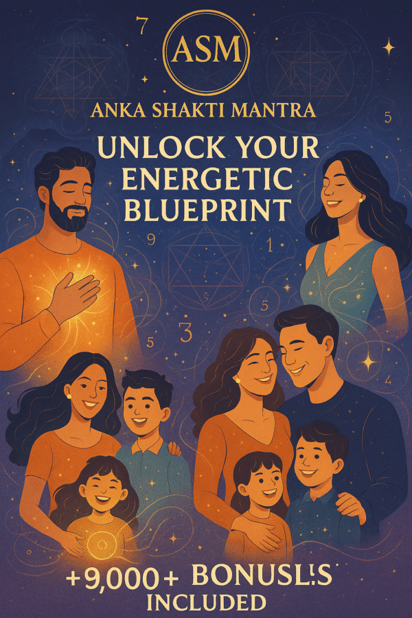 "Digital illustration of a happy male, female, and family couple with mystical background, used for promoting personalized numerology reports by Anka Shakti Mantra"